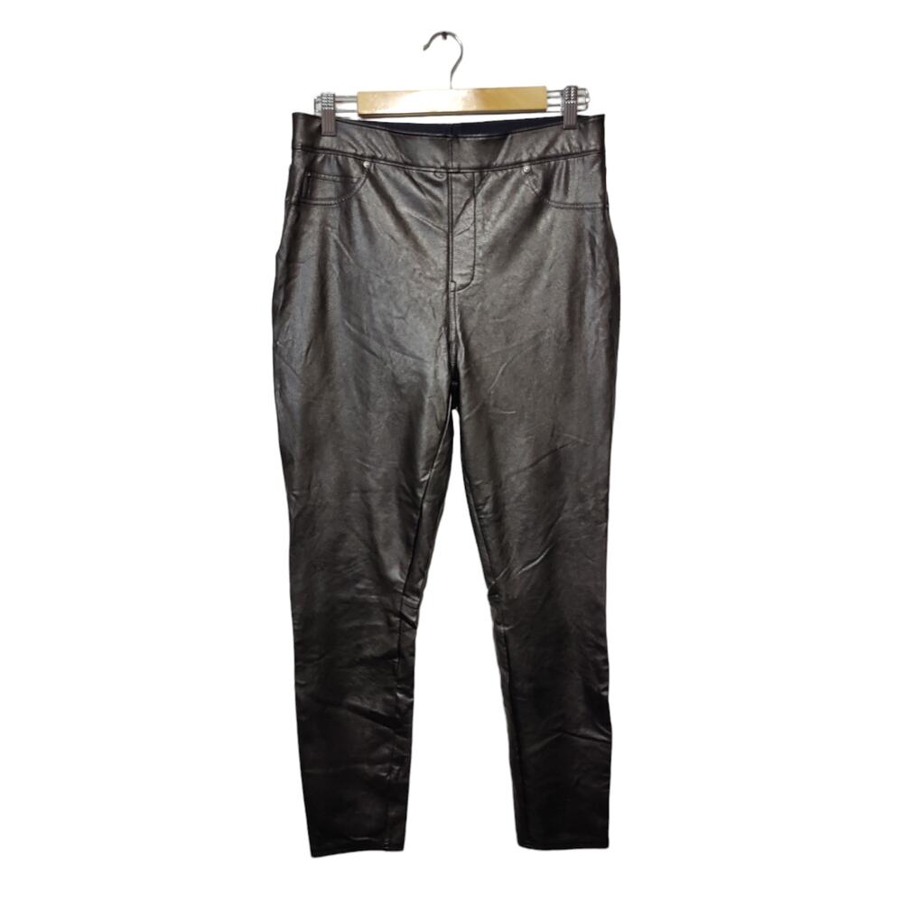Spanx Women's Sz L Black Faux Leather Pants Pull On Stretch Compression Pockets